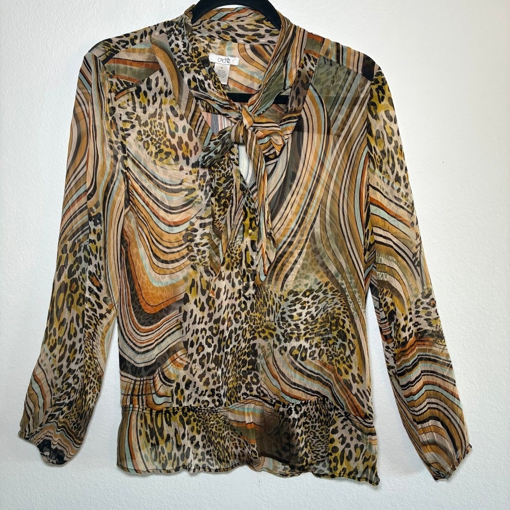 Cache Silk Blouse Leopard Print Maximalist Artsy Tie Neck Top Dopapamine Medium